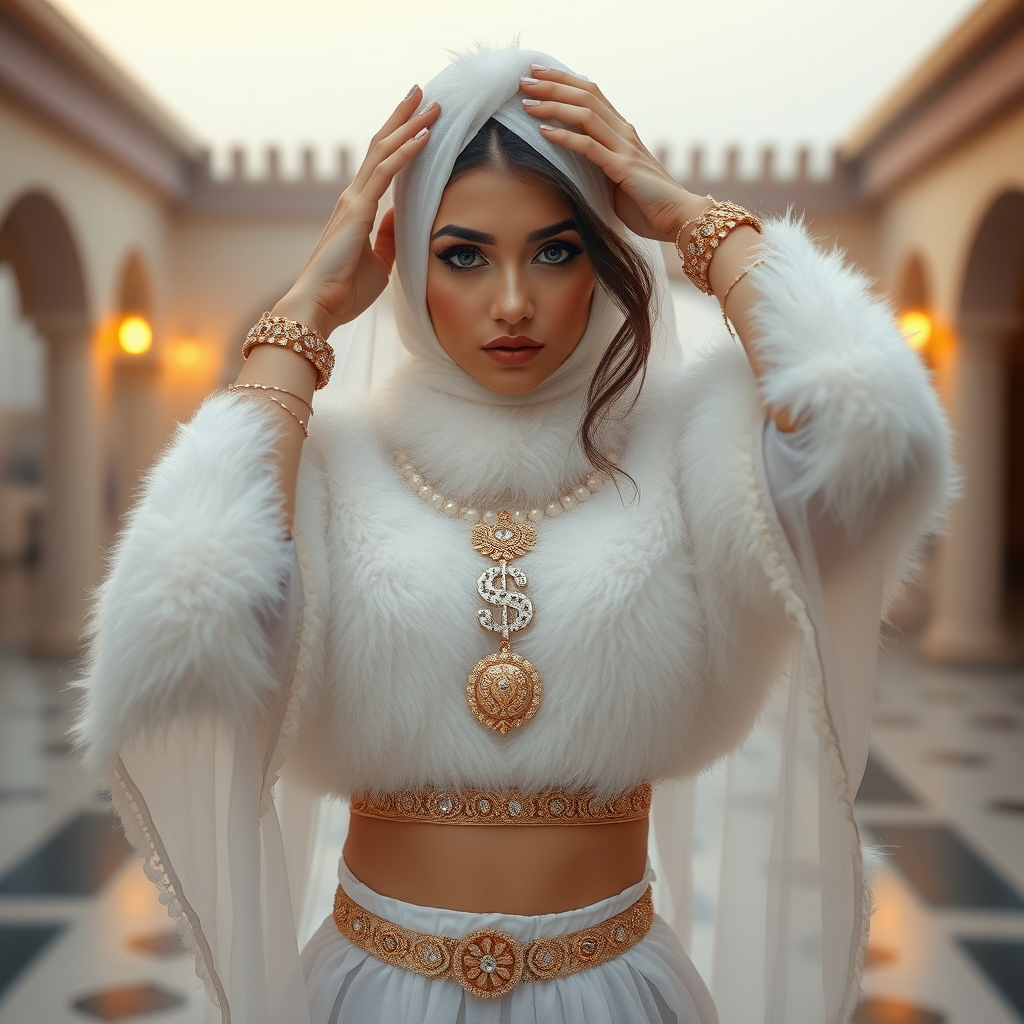 Kuwait desert palace harem patio misty dawn: Melissa, European 17 years old very convincing femboy “trophy-bimbo”, tamed servile docile, very beautiful feminine flawless face, rather short, by hormones very curvaceous womanly figured, heavily made-up eyes, wearing Supertanya-style fluffy very fuzzy bright white angora turtleneck-poncho cropped ending under bust decorated with pearls and gemstones, striking oriental wide gold bridal protection belt, white fully transparent harem pants, full Oriental bridal jewelry, face covered by white sheer full Burka, coin anklets, striking diamond “$$$” letter brooch on left chest, pout frustrated, seductively dancing hands over her head, looking at camera. Focus on face and turtleneck-poncho.