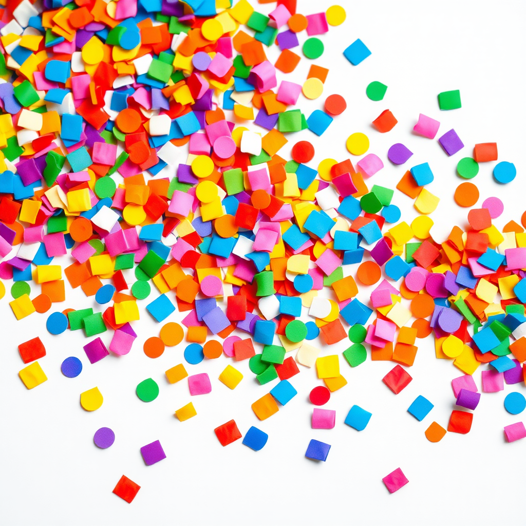 A high-resolution, colorful image of colorful confetti pieces evenly scattered across a plain white background, clean, professional look, stock photo