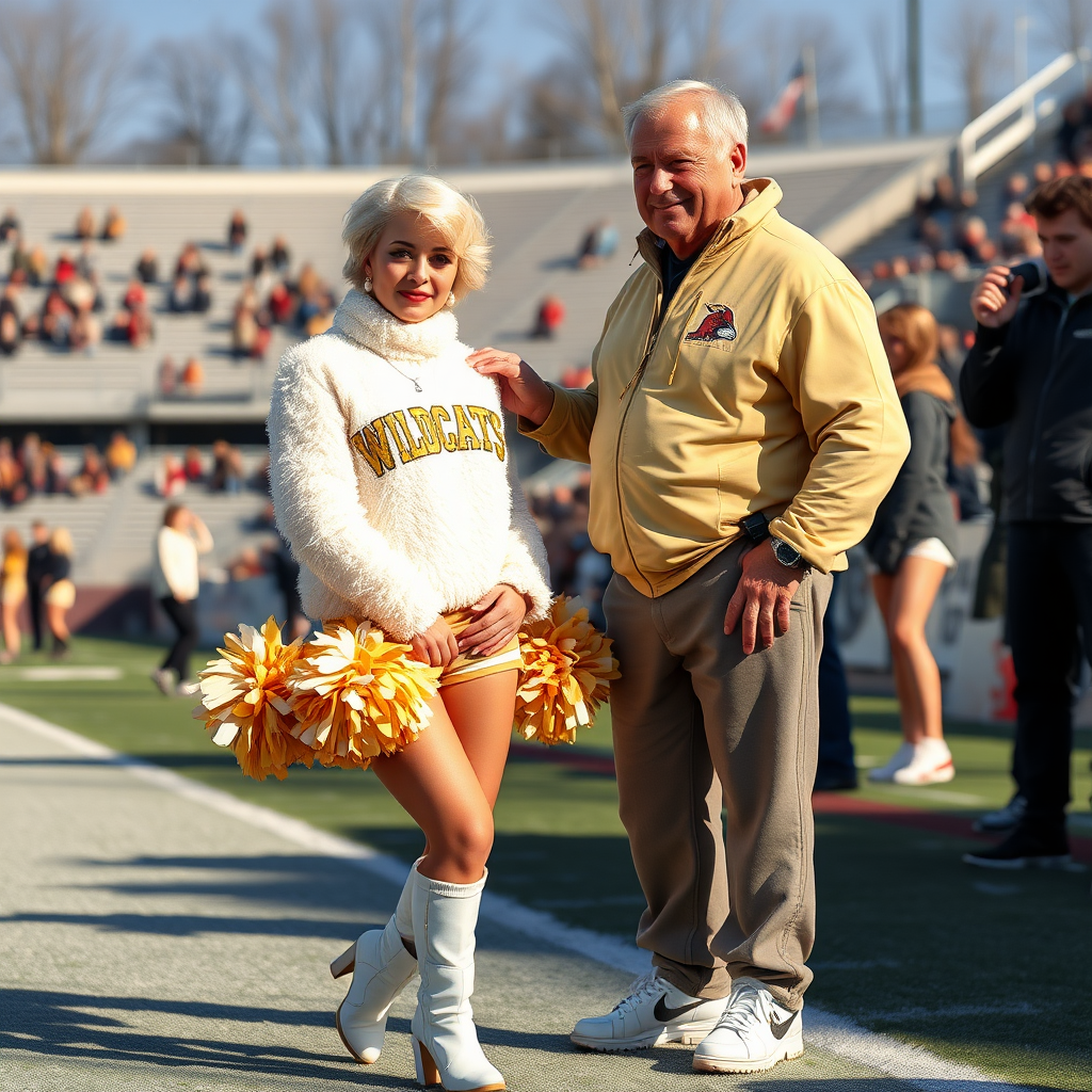 Sunny cold fall noon, college football stadium game, cheerleaders leader squat: Ana, European 17 years old very convincing femboy “QB’s trophy-bimbo”, tamed servile docile, very beautiful feminine flawless face, rather short boyish figure, platinum blond short tight curls, bold red lips, heavily made-up face, fluffy very fuzzy bright white plushy hazy thick angora turtleneck-sweater with “gold “WILDCATS” letters, vinyl gold short shorts, mesh pantyhose, white vinyl thigh-high boots with golden heels, large gold-white pompoms, pearl earrings, standing, shoulders slightlay arched back, presenting her assets, talking with Hank: older tall overweight male visitor’s coach, wearing college football coach outfit, triumphant smile, nimbly patting Ana, both posing for photo.