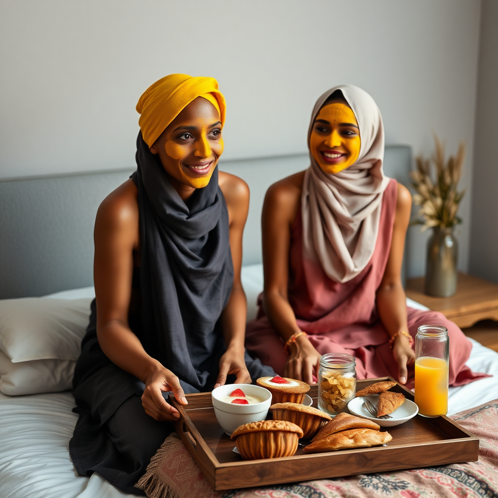 slim, 30 year old, sexy, 2 indian wives, scarf head, turmeric face mask. They are smiling and serving breakfast on a tray on bedside table