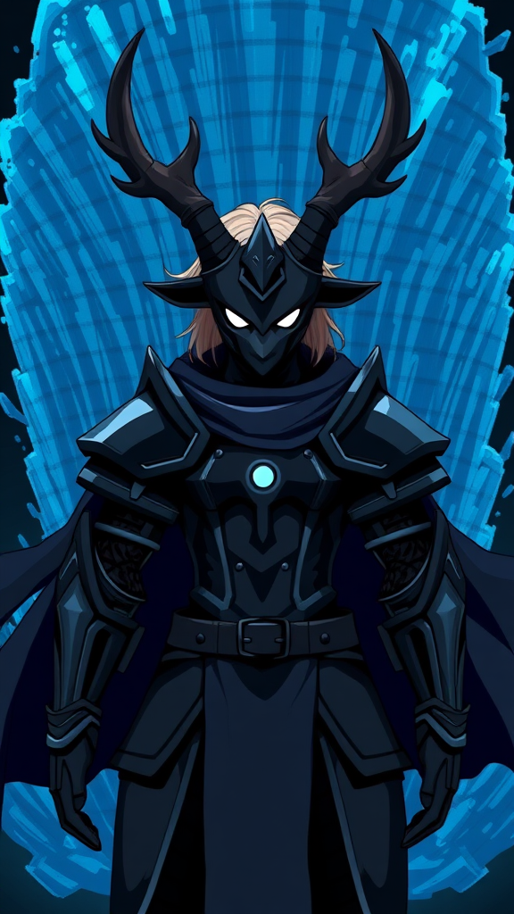 (Anime-pixel art) background of a massive blue-black-dark fountain erupting into the air, a fierce and violent knight stands poised for battle. She wears sleek, black knight armor, marked by a small white eye symbol at its center, exuding an air of intimidation. Her face is obscured by a terrifying goat-like mask, with a single glowing white eye on the right, and another white eye symbol perched at the top of the mask, adding to her menacing presence.

The knight's imposing silhouette is accentuated by two large, dark-silver shoulder guards that gleam ominously in the darkness. Draped behind her is a flowing dark-blue cape that billows dramatically, hinting at her formidable power. Atop her head, two impressive deer antlers rise, further enhancing her fearsome appearance, while her short, tousled blonde hair peeks out from beneath the mask.

This is the Roaring Knight, known as Mayor Holiday from Deltarune, captured in a striking full-body view that highlights both her ferocity and enigmatic allure.