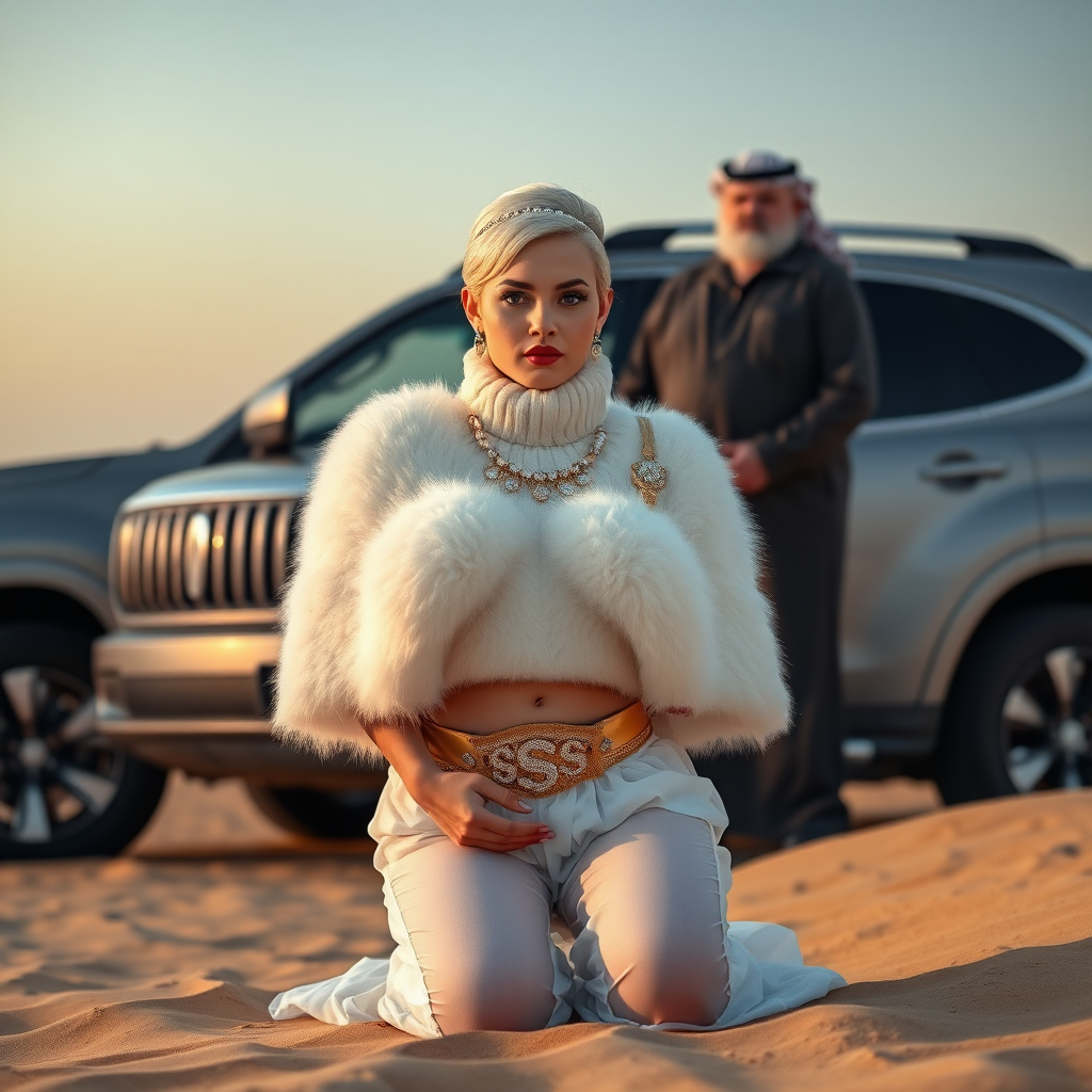 Kuwait desert dunes misty dawn, full size luxury SUV: Melissa, European 17 years old very convincing femboy “trophy-bimbo”, tamed servile docile, very beautiful feminine flawless face, rather short, by hormones very curvaceous womanly figured, platinum blond short tight curls, bold red lips, heavily made-up face, wearing Supertanya-style fluffy very fuzzy bright white angora turtleneck-poncho cropped ending under bust decorated with pearls and gemstones, striking oriental wide gold bridal protection belt, white fully transparent harem pants, full Oriental bridal jewelry including headpiece, nose-ring, coin anklets, striking diamond “$$$” letter brooch on left chest, pout frustrated, hands tied behind back, kneeling in sand in front of SUV, looking at camera. Focus on face and turtleneck-poncho. Standing behind Melissa: older overweight tall proud sheik, approvingly padding Melissa.