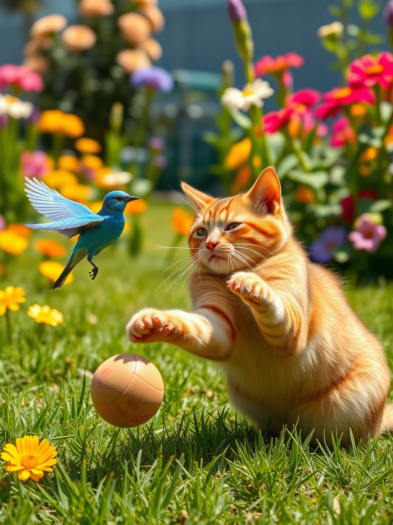 A realistic 4K scene of a Brown Cat playfully batting a ball around in a sunny garden, inviting a cheerful Blue Bird to join in the fun. The garden is vibrant with colorful flowers and green grass, capturing the playful interaction between the cat and the bird.