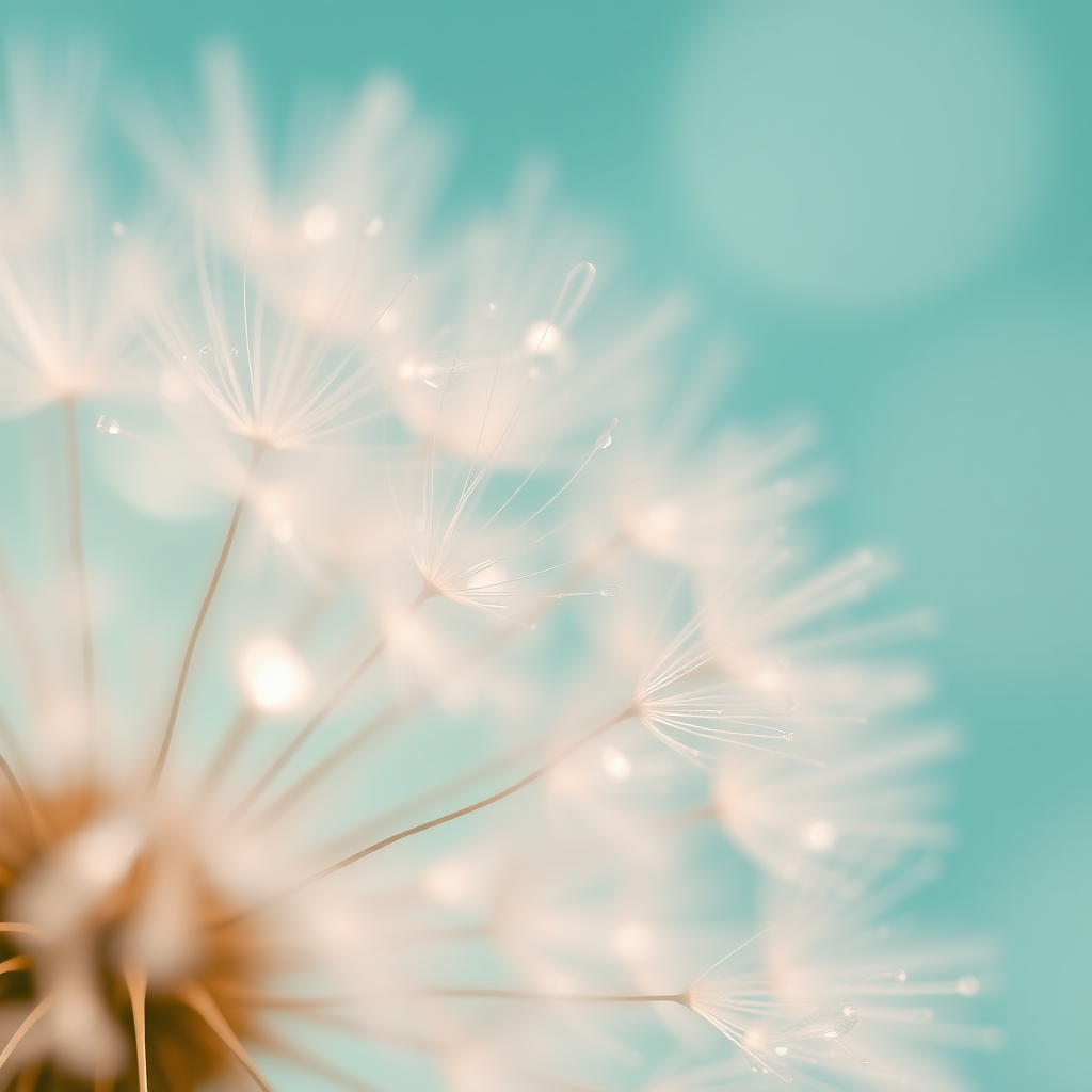 Close-up of delicate dandelion seeds adorned with sparkling water droplets, creating a dreamy atmosphere. The background features a soft gradient from teal to light turquoise, enhancing the ethereal quality. The seeds are translucent with fine, intricate details, while the water droplets capture and reflect light, adding depth and highlights. Soft bokeh effects blend harmoniously in the background, creating a serene, impressionistic aesthetic. Overall, the scene evokes a sense of tranquility and delicate beauty in nature.