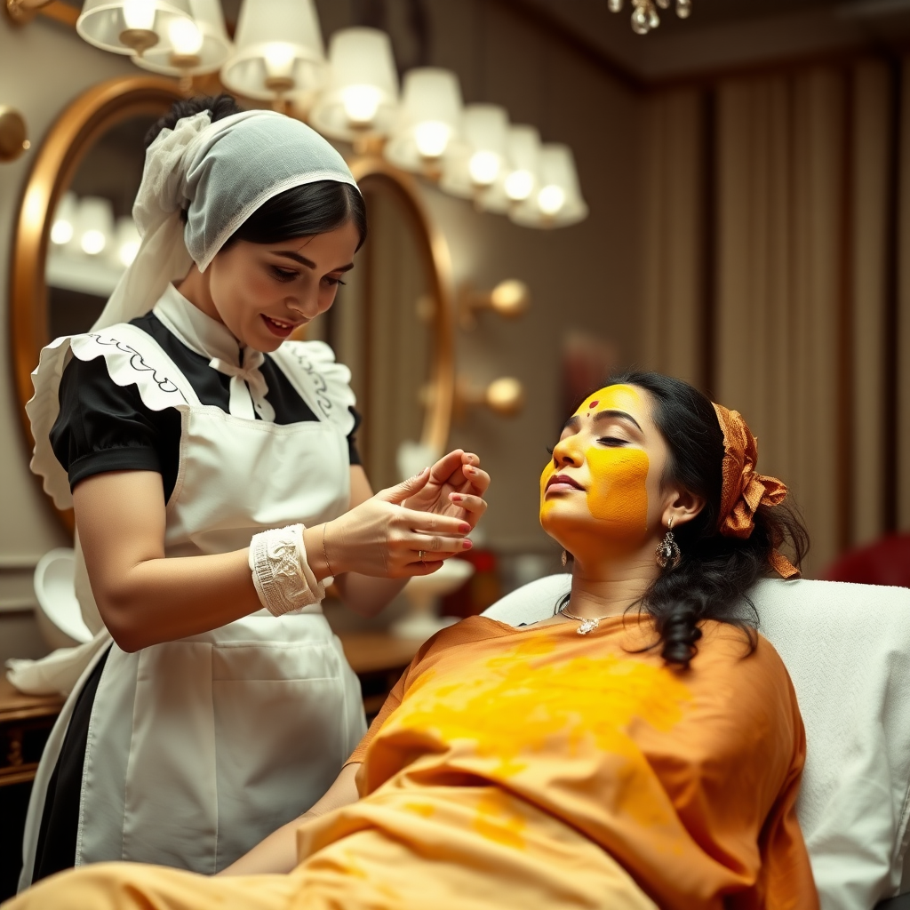 2 French maids with hair covering, working in a beauty parlour, giving turmeric facial to a wealthy Indian wife.