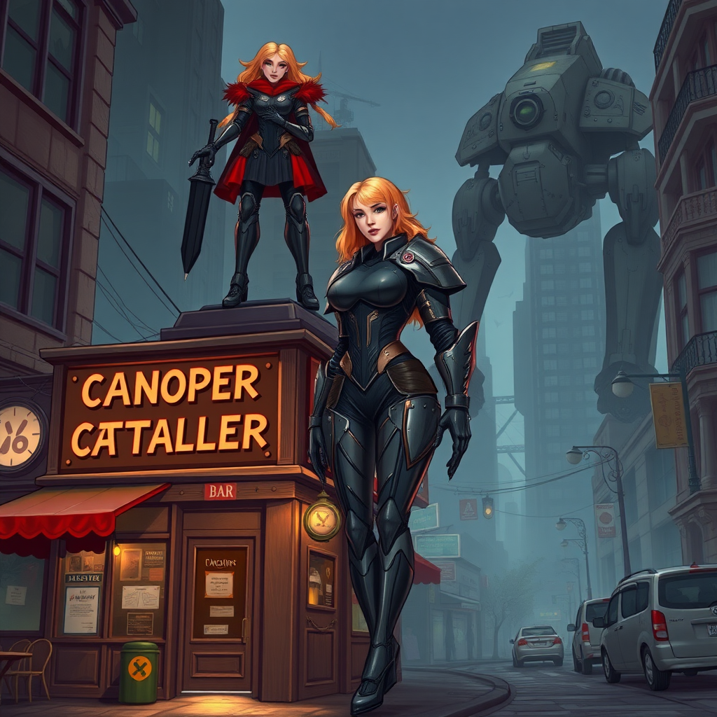 A city street, a bar with a sign that says "Canopean Catcaller". Large battlemech towering nearby with a woman standing on top. She resembles Ana de Armas, has strawberry blond hair and is wearing a formfitting modern armor.