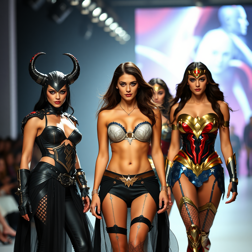 Witchblade, Vampirella, Dejah Thoris and Wonder Woman facing the viewer on a fashion runway HD DSLR Photo