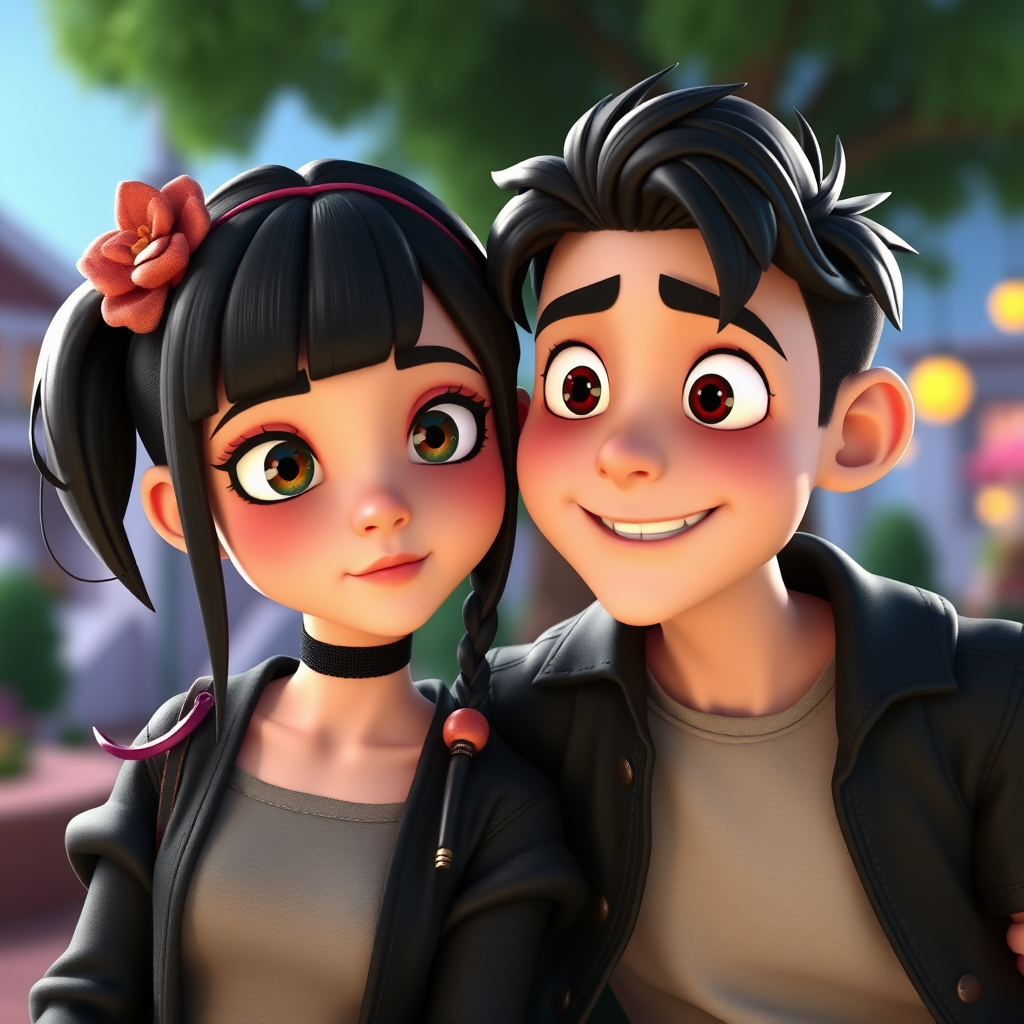 A goth girl and her boyfriend, in the style of the most popular modern 3D animated films.