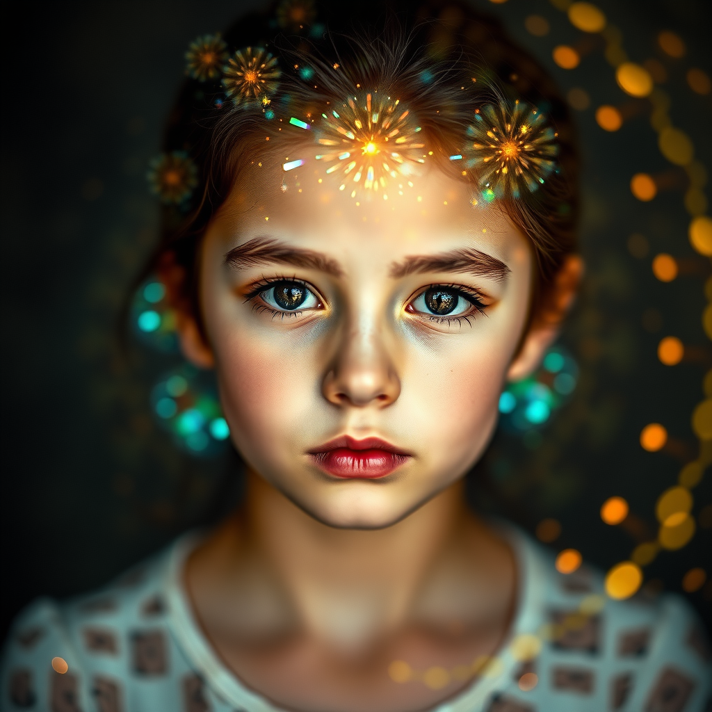 young preteen girl with aura, staring into the camera, abstract, mandelbulb fractal, dynamic composition, street photography, fractal, brilliant colors, glittering, translucent, opal, gold, sharp focus, floral, mother of pearl, iridescent, natural, glowing, Bokeh, sacred geometry