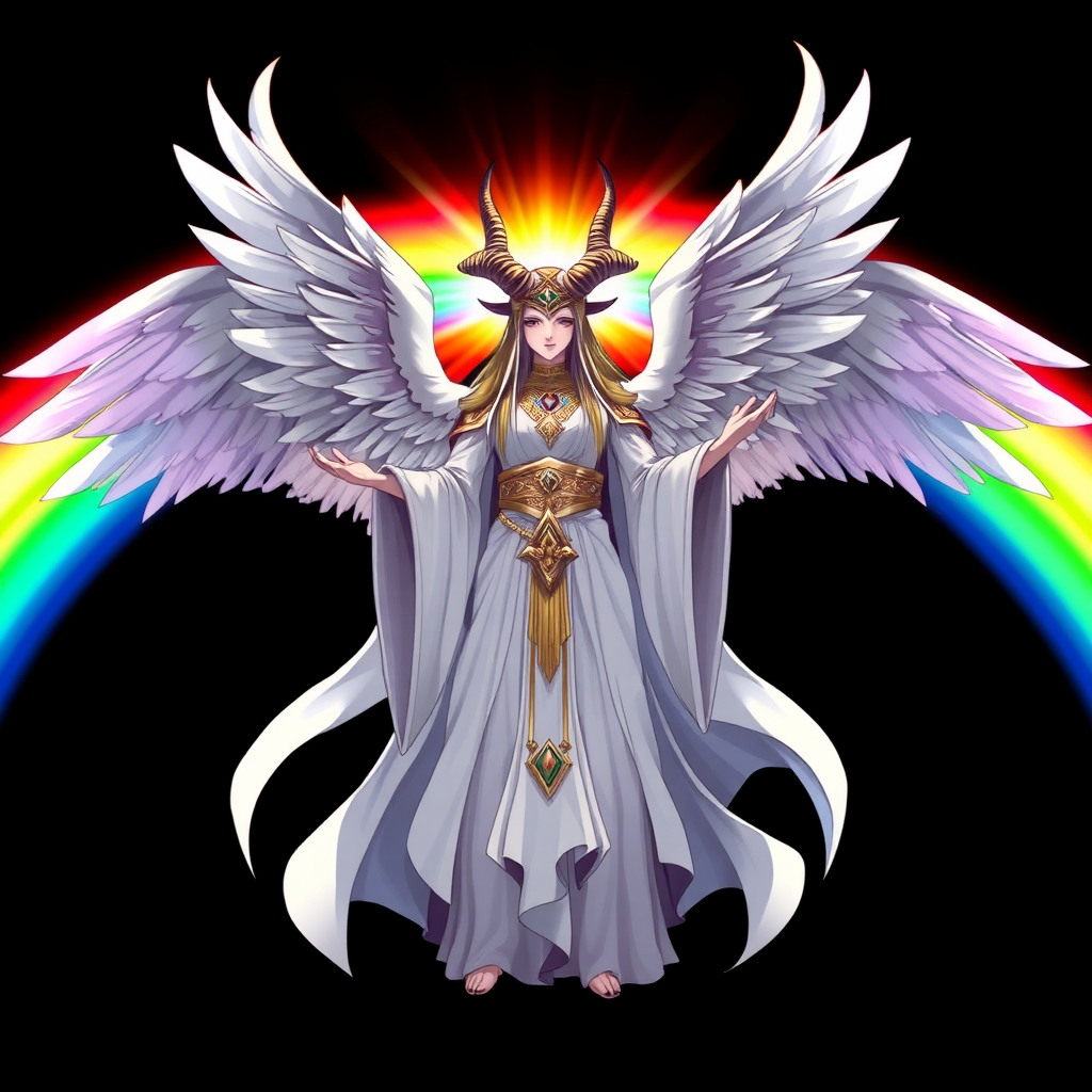 (Anime-styled art) Against a black backdrop, a vibrant, rainbow-like barrier radiates with energy. A powerful, faceless goddess stands at the center, adorned with two imposing goat horns. Her majestic form is draped in flowing white robes, and four massive angelic wings spread wide from her back. With an aura of divine power, she holds her hands out in a commanding gesture, exuding an otherworldly presence.