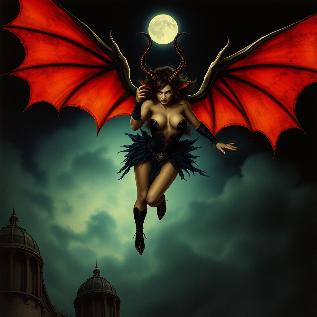 A beautiful winged succubus staring wickedly her outfit is designed to entice. She's flying high in a dark, moonlit sky. The scene is dark and spooky with the art styling of Brian Froud. Cosplayed by a young Drew Barrymore.