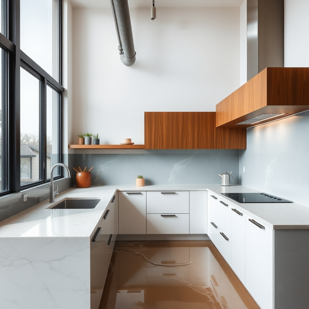 A kitchen in a modern home, flooding with water from a burst pipe