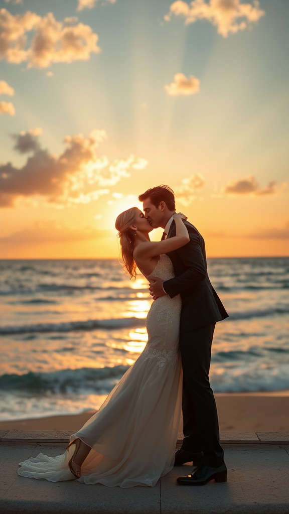 In the background, Nicole Kidman and Tom Cruise elegantly dressed, she heels and he patent leather shoes, he passionately kisses the bride, in the background the sea with a beautiful beach, sunset sky with the sun's rays with clouds. 16K ultra-high definition