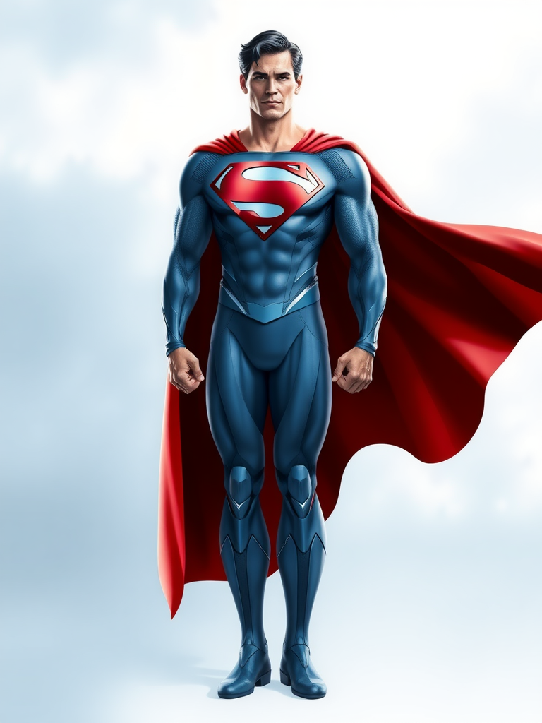 Generate a full-length image of Superman, using Emma Frost's body type but keeping Superman's head intact. Ensure the body silhouette reflects Emma Frost's physique. Create a background that suits both Superman and Emma Frost.