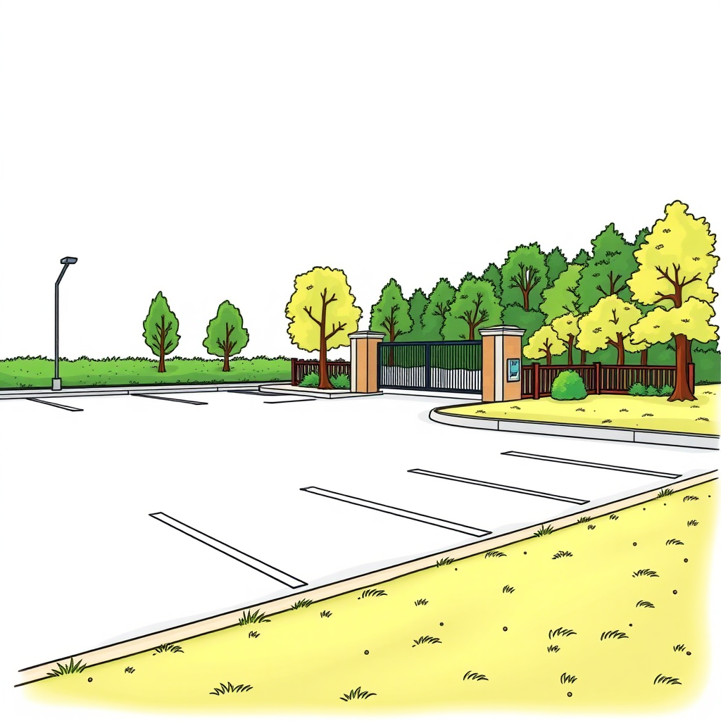 a small parking lot, borders, trees, lawn, wood outskirt on the right, company gate in the background, colorful image long establishing shot, 2D, caricature, cartoon, Sketch lines, coloring book, coloring book style on white background, well composed, clean coloring book page, No dither, no gradient, strong outline, No fill, No solids, vector illustration, realistic proportions, left side view