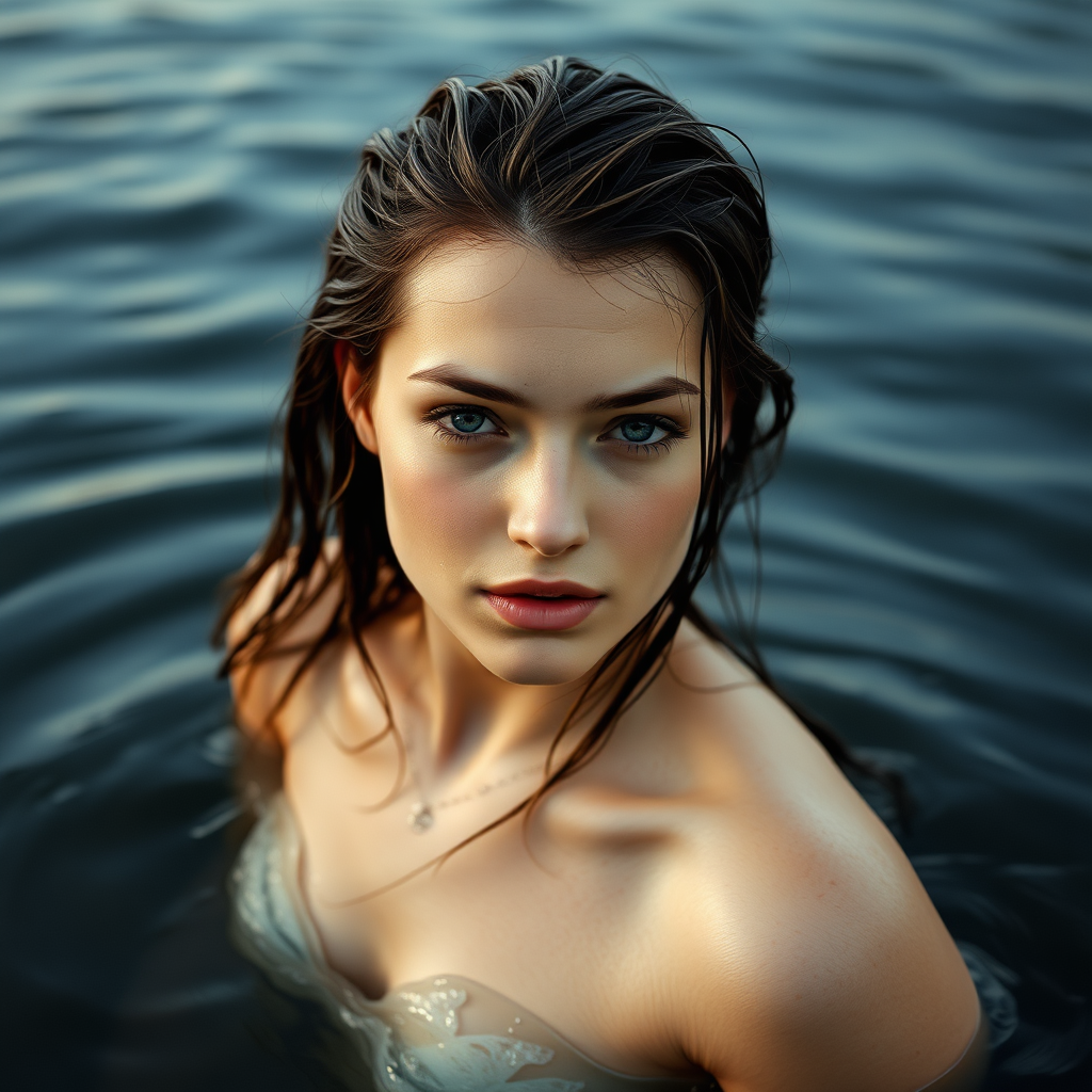 a young european woman just coming out of a lake. she has wet hair. photo