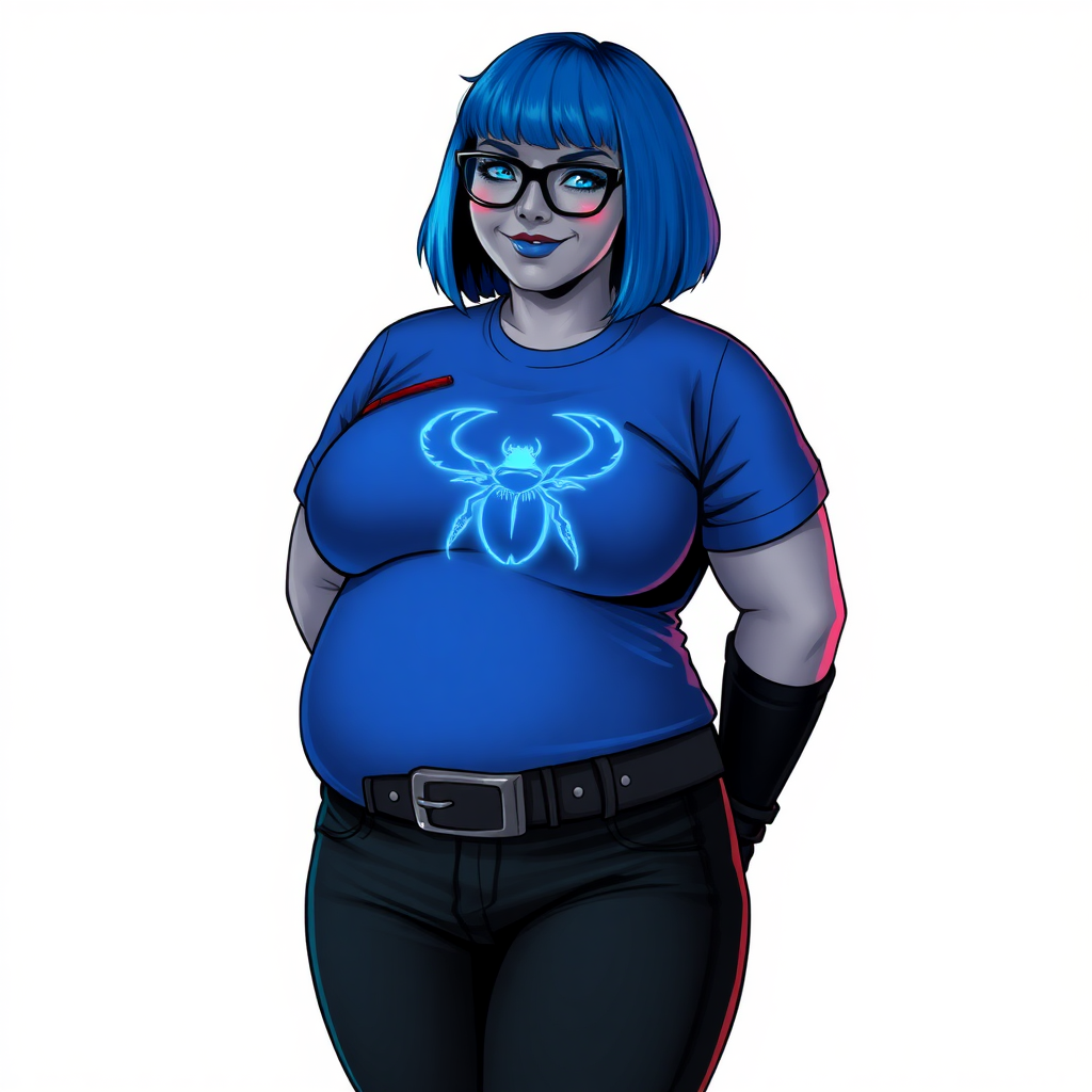 A 28-year-old, full-figured, metallic middle gray skinned computer program hybrid with a maximum blue bob cut. She has a non-athletic build, highlighted by a prominent, round, large midsection (with emphasis on her belly). As a digital sidekick, computer hacker, and nerdy girlfriend to her cyberpunk vigilante boyfriend, her middle gray metallic skin and maximum blue lipstick emphasize her digital nature. She wears a huge, tight-fitting, maximum blue t-shirt (accentuating her large belly) with a neon blue glowing chest icon of a beetle, black pants, a black belt with a sapphire scarab buckle, and black gloves. Her bright blue eyes, black eyeglasses, and lovestruck smile with neon red blush accentuate her nerdiness. She stands bashfully with her hands behind her back, her t-shirt covering her midsection (especially her large belly) and emphasizing her full-figured, non-athletic physique. She is on a solid white background. She is drawn as if she was in a retro 2D cyberpunk fighting game. She is clearly non-athletic, with a focus on her full-figured physique. Ensure her t-shirt covers her midsection (especially her large belly).