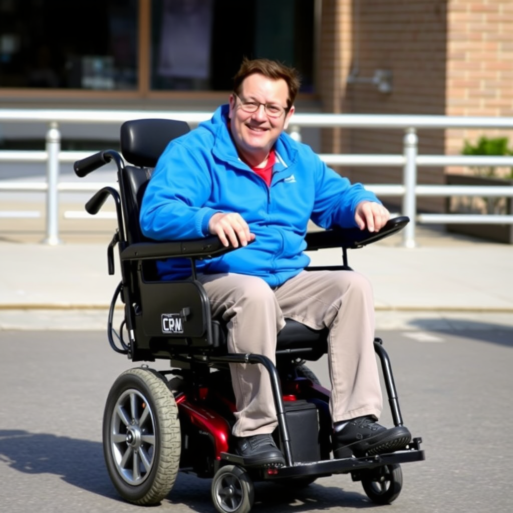 An amateur photograph of an electric wheelchair user.