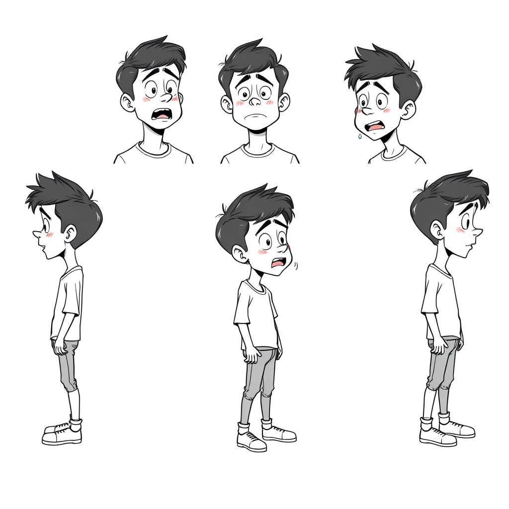 multiple views with progression, character design sheet, short, excited, embarrassed, sweating, 15 year old european boy, detailed features, long establishing shot, 2D, caricature, cartoon, Sketch lines, coloring book, coloring book style on white background, well composed, clean coloring book page, No dither, no gradient, strong outline, No fill, No solids, vector illustration, side view, vector illustration, empty space around each view, movement lines