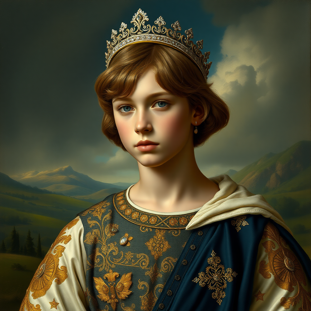 16yo teen boy prince, long bob cut, embroidered with gold and diamonds medieval cloths, diamond diadem, and Beautiful War. Free style by Adolphe William Bouguereau Academic realism. The background is in the style of landscape style by Antonio del Polaiolo,Generating the signature at the bottom: Viva FLUX & Bach, ultra high resolution, 16K,