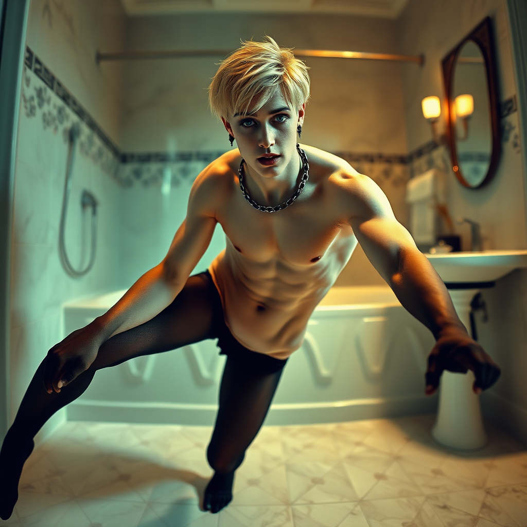 photorealistic, ultra high resolution, 16K, surreal fantasy, soft studio lighting, Caleb Swift is a pretty 16 year old goth male, slim male physique, blonde hair, blue eyes, goth makeup, earrings, sheer black pantyhose, spikey neck collar with chain, standing on the floor of the bathroom striking a pose as Michelangelo's "David" sculpture, excite mouth, bulging manhood, full body front view with Caleb facing the camera.