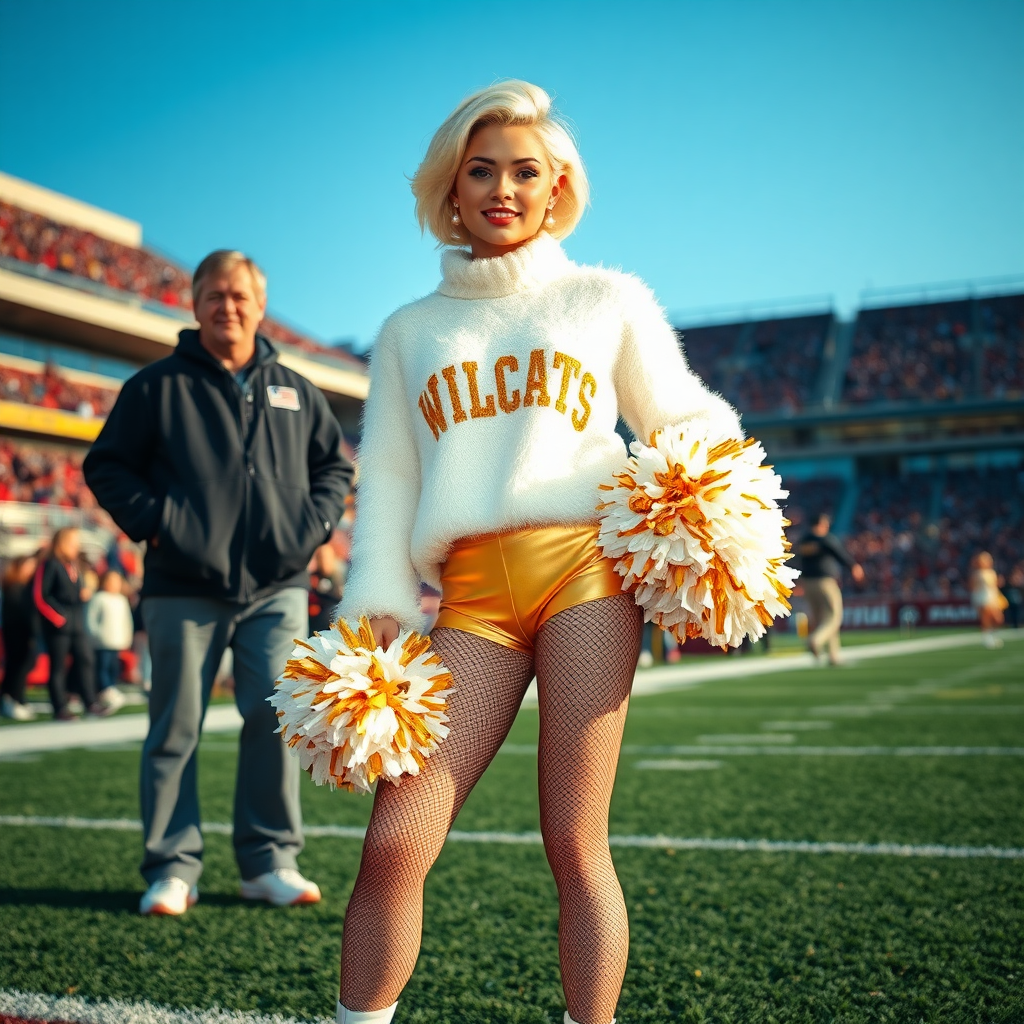 Sunny cold fall noon, college football stadium game, cheerleaders leader squat: Ana, European 17 years old very convincing femboy “QB’s trophy-bimbo”, tamed servile docile, very beautiful feminine flawless face, rather short boyish figure, platinum blond short tight curls, bold red lips, heavily made-up face, fluffy very fuzzy bright white plushy hazy thick angora turtleneck-sweater with “gold “WILDCATS” letters, vinyl gold short shorts, mesh pantyhose, white vinyl thigh-high boots with golden heels, large gold-white pompoms, pearl earrings, standing, shoulders slightly arched back to present her assets, posing for photo with Hank: older tall overweight male football coach, wearing college football coach outfit, triumphant smile, nimbly patting Ana. Jealously watching from behind: very angry wildcat’s QB.