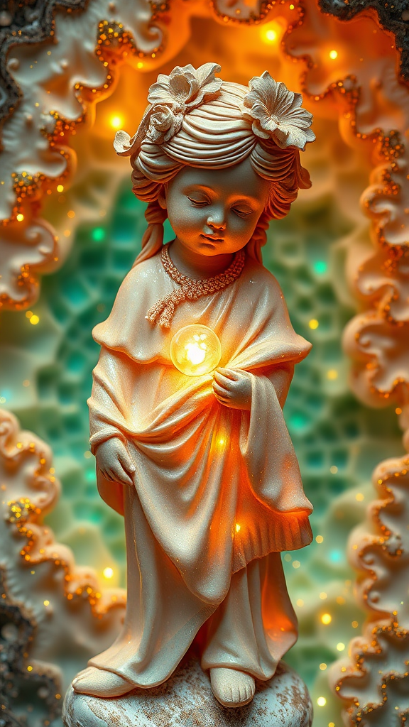 young girl statue, mandelbulb fractal, ultra-detailed, dynamic composition, artistic photograph, geode, alabaster, fractal, brilliant colors, glittering, illumination, transparency, translucent, opal, turquoise, gold, romanticism, sharp focus, wabi-sabi, pottery, floral