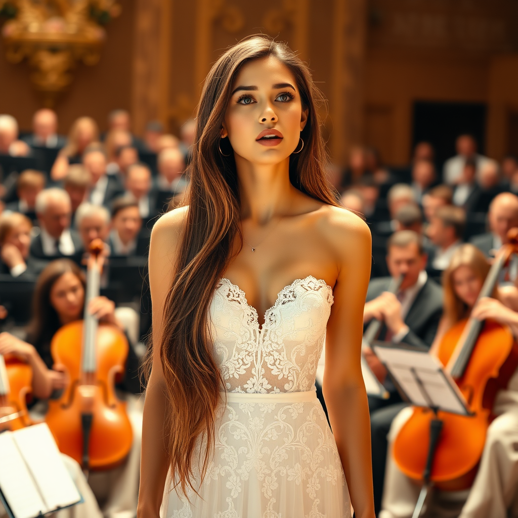 a young woman singing emotional. a large orchestra in background. she stands in the middle of the stage. long brunette hair with highlights falling to her shoulders, bright blue eyes. suntanned skin. small lips colored pale rose. wearing an elegant long white dress with transparent lace and white pumps. fine neglace and a braklet. photo from some distance.