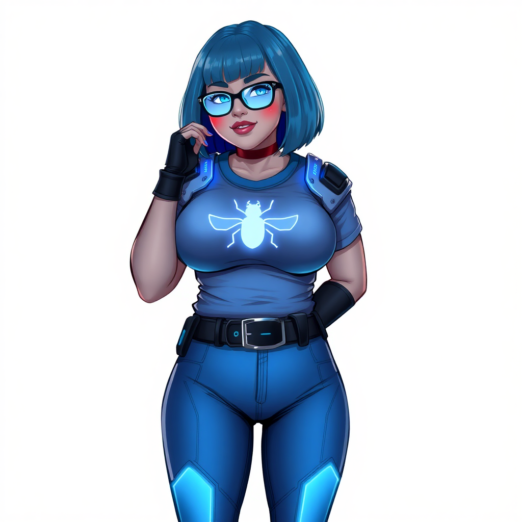 A 28-year-old, full-figured, middle gray skinned computer program hybrid with a maximum blue bob cut. She has a non-athletic build, highlighted by a prominent, round, large midsection (with emphasis on her belly), which shows the aftermath of her pampering. As the heavily pampered digital sidekick to her cyberpunk vigilante boyfriend, her middle gray metallic skin and maximum blue lipstick emphasize her digital nature. She wears a digital, computerized costume inspired by DC’s Carrie Kelly Robin, consisting of a huge, tight-fitting, maximum blue t-shirt with a neon blue glowing chest icon of a beetle, hi-tech shoulder pads with neon blue accents, a black hi-tech belt with a digital neon blue glowing buckle, digital maximum blue pants with neon blue accents, and black hi-tech fingerless biker gloves with neon blue glowing accents. Her neon blue glowing eyes, black eyeglasses with a neon blue glowing HUD built into the lenses, and shy smile with neon red blush accentuate her nerdiness. She stands bashfully with one hand behind her back and the other hand gently touching her cheek, her costume covering all her skin and emphasizing her full-figured physique (especially her belly). She is clearly non-athletic, with a focus on her full-figured physique. Despite her build, she radiates beauty. She has a slim face compared to her physique, accentuating her radiant beauty. She is on a solid white background. She is drawn as if she were in a retro 2D cyberpunk fighting game.