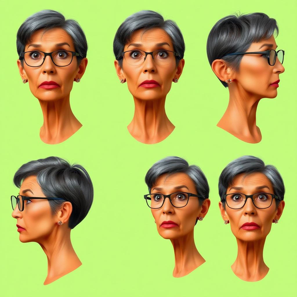 Photorealistic image of six headshots of a 50 years old, fit, European, Latina, sharp aquiline nose, wrinkles, high cheekbones, Middle Eastern, skinny, tanned skin, dark light skin, full makeup, jewelry, sharp nose, frowning, surprised, astonished, shocked, dark grey ash hair, short bowl haircut, brown eye color, glasses, with detailed features. Each photo displays the same face in back, profile and front view, cut out and isolated on a green background. All six heads are visible side by side, empty space around each view, no overlapping.