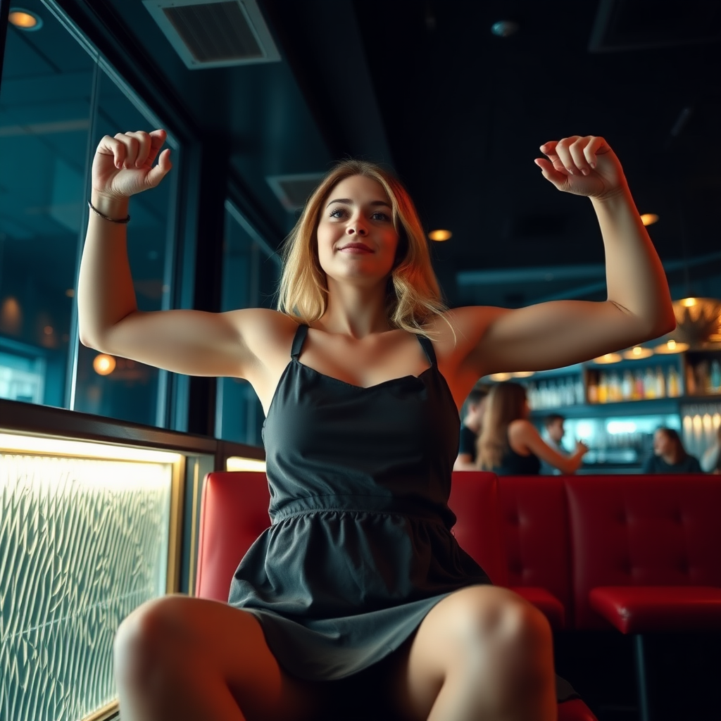 a nordic girl in a short dress sitting in a lounge bar, raising her arms to show armpits, camera angle from below