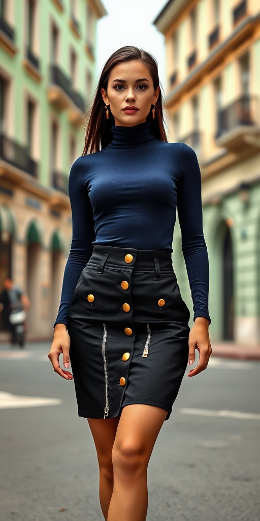 Elegant fashion portrait of a woman standing confidently on a city street. She wears a fitted navy turtleneck top paired with a high-waisted black skirt featuring gold-button details and stylish zippers. The scene is set against a backdrop of soft pastel green building facades, contributing to a chic urban aesthetic. The atmosphere is vibrant yet sophisticated, captured in a hyperrealistic style. The color palette includes contrasting deep navy, bold black, and striking gold accents, with hints of red from the skirt’s waistband. Natural light enhances the vibrant colors and textures of the outfit while casting gentle shadows that add depth to the composition. The street scene is subtly blurred to emphasize the stylish figure.