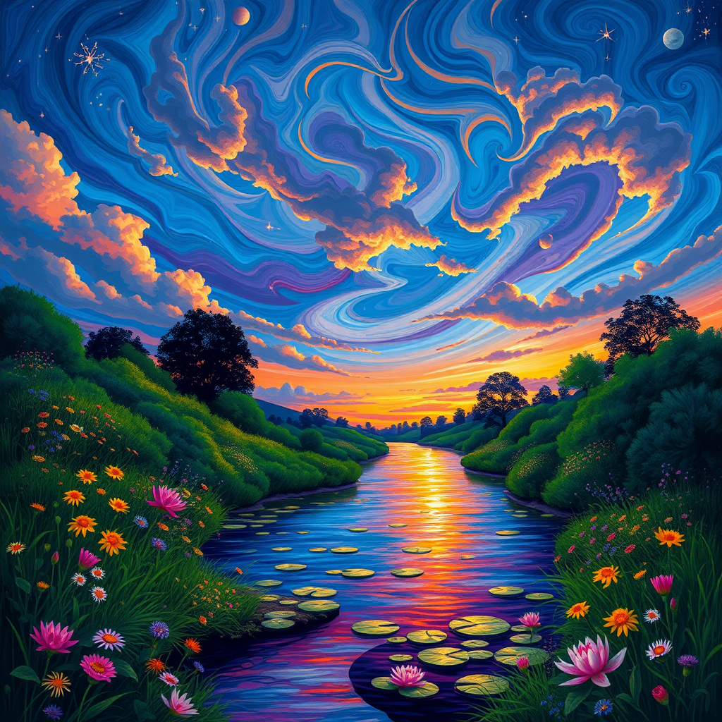 A vibrant fantasy landscape depicting a serene river scene at dusk, characterized by a blend of impressionistic and surreal elements. The sky is a canvas of swirling colors, featuring deep blues, rich purples, and warm oranges, dotted with twinkling stars and soft clouds. Lush greenery frames the riverbanks, peppered with colorful wildflowers in various shades, including yellows, pinks, and blues. The river reflects the iridescent hues of the sky, with scattered lily pads floating on the surface. In the background, dark silhouettes of trees create a contrast against the radiant sky, while the overall atmosphere evokes a sense of tranquility and wonder.