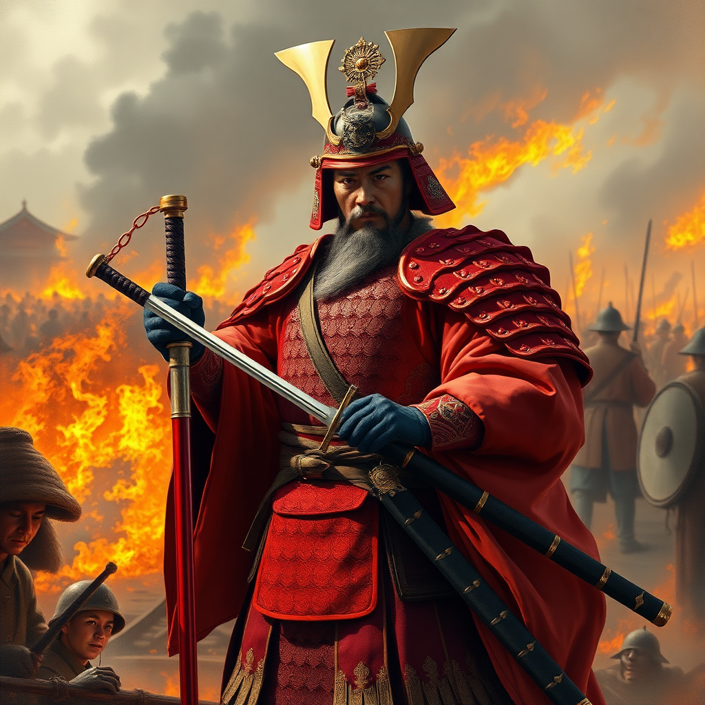 A Japanese Warring States general wearing a red exquisite armor, holding a long sword, with determined eyes, standing on the battlefield filled with flames of war, oil painting style, strong sunlight, backlight, long-shot perspective