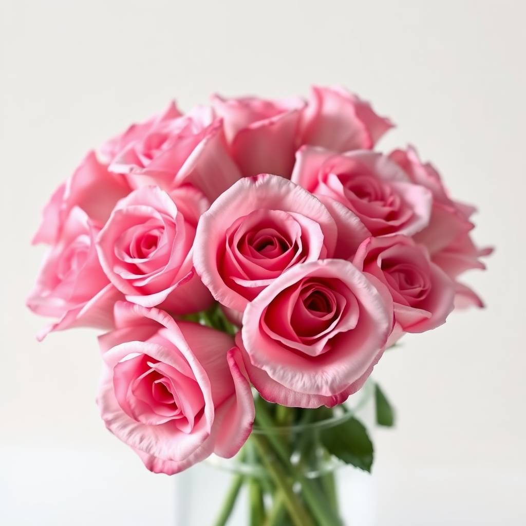 A close-up of a delicate bouquet of soft pink roses arranged in a clear glass vase, captured with a hyperrealistic style. The background is a smooth, muted white, enhancing the vibrant details of the petals. The roses exhibit varying shades of pink, with subtle gradients and velvety textures. The natural green stems are visible beneath the water in the vase, adding a fresh and organic feel. Soft, diffused lighting creates a gentle atmosphere, highlighting the intricate layers of each rose and casting soft shadows. The overall composition conveys elegance, beauty, and tranquility.