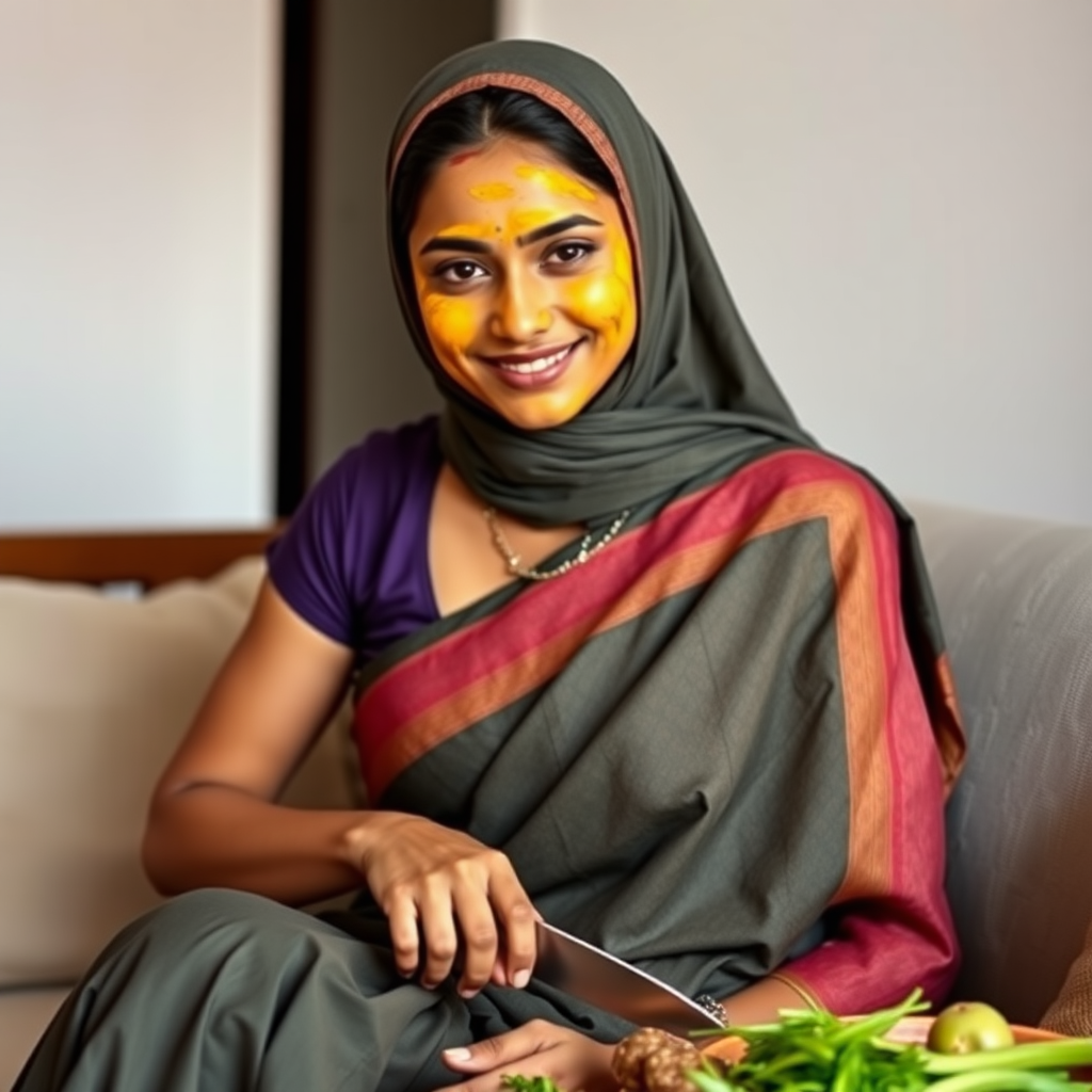 slim, 30 year old, modern indian wife with saree and hijab, turmeric paste on her face. she is sitting on a sofa and cutting vegetables