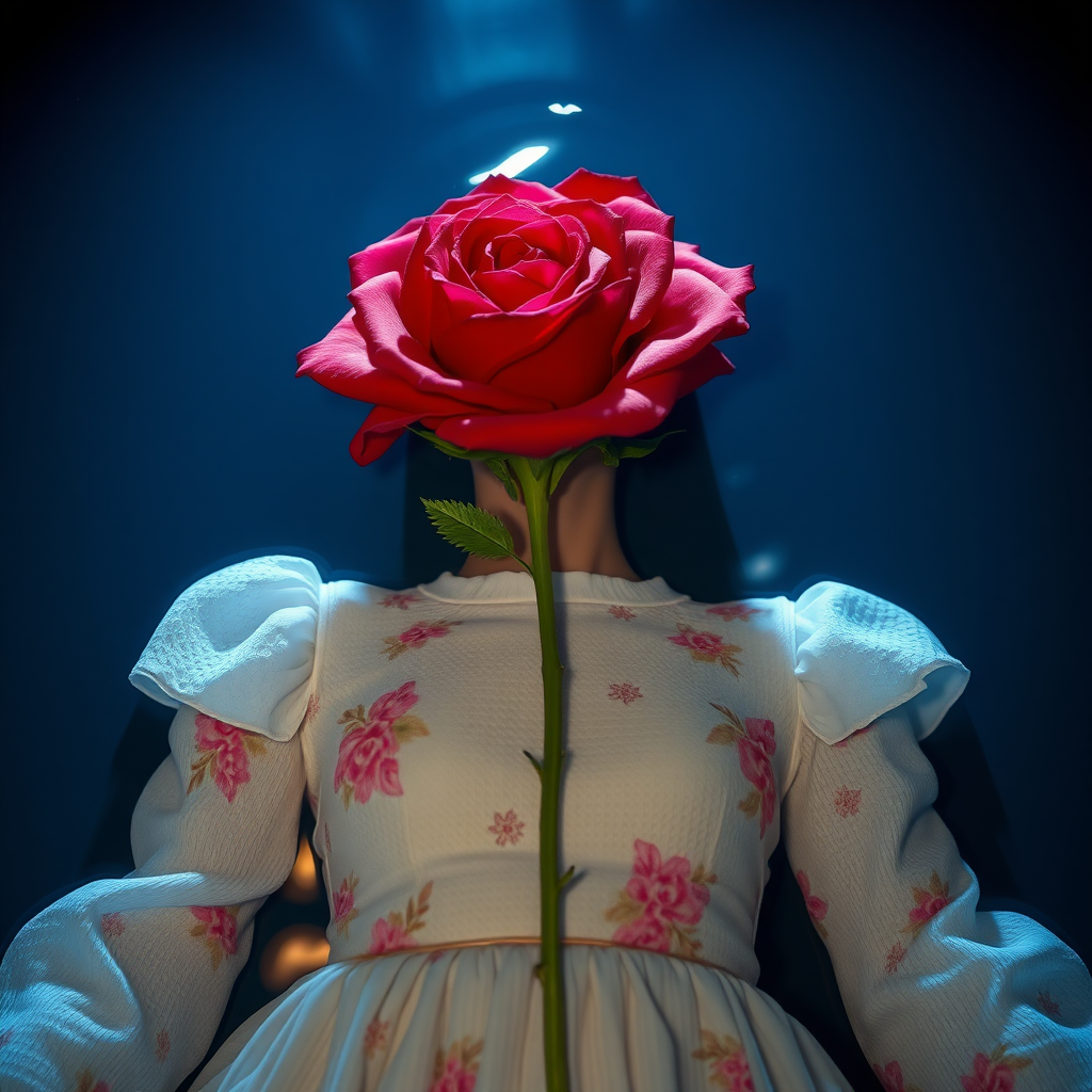 A red rose bouquet head, no human, front view, wearing a white textured dress with pastel minimal floral print design, closeup shot, hyperrealistic, lying inside water with blue and pink effect, nighttime, dark