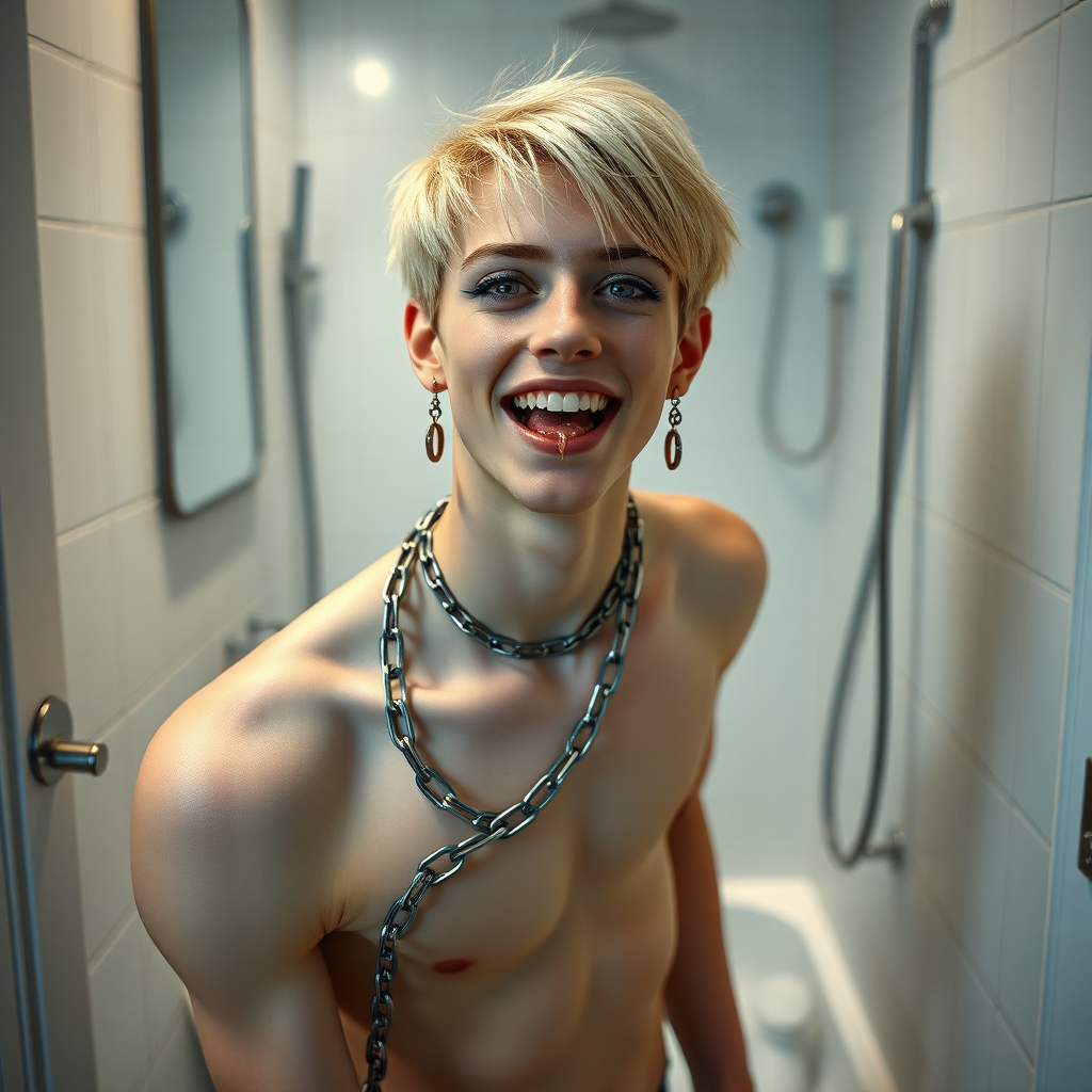 photorealistic, ultra high resolution, 16K, surreal fantasy, studio lighting, a pretty 16 year old goth boy, slim male physique, short blonde hair, goth makeup, earrings, spikey chain and leash, pantyhose, white ballet shoes, in the bathroom, excited smile, facing the camera, drooling from his mouth.