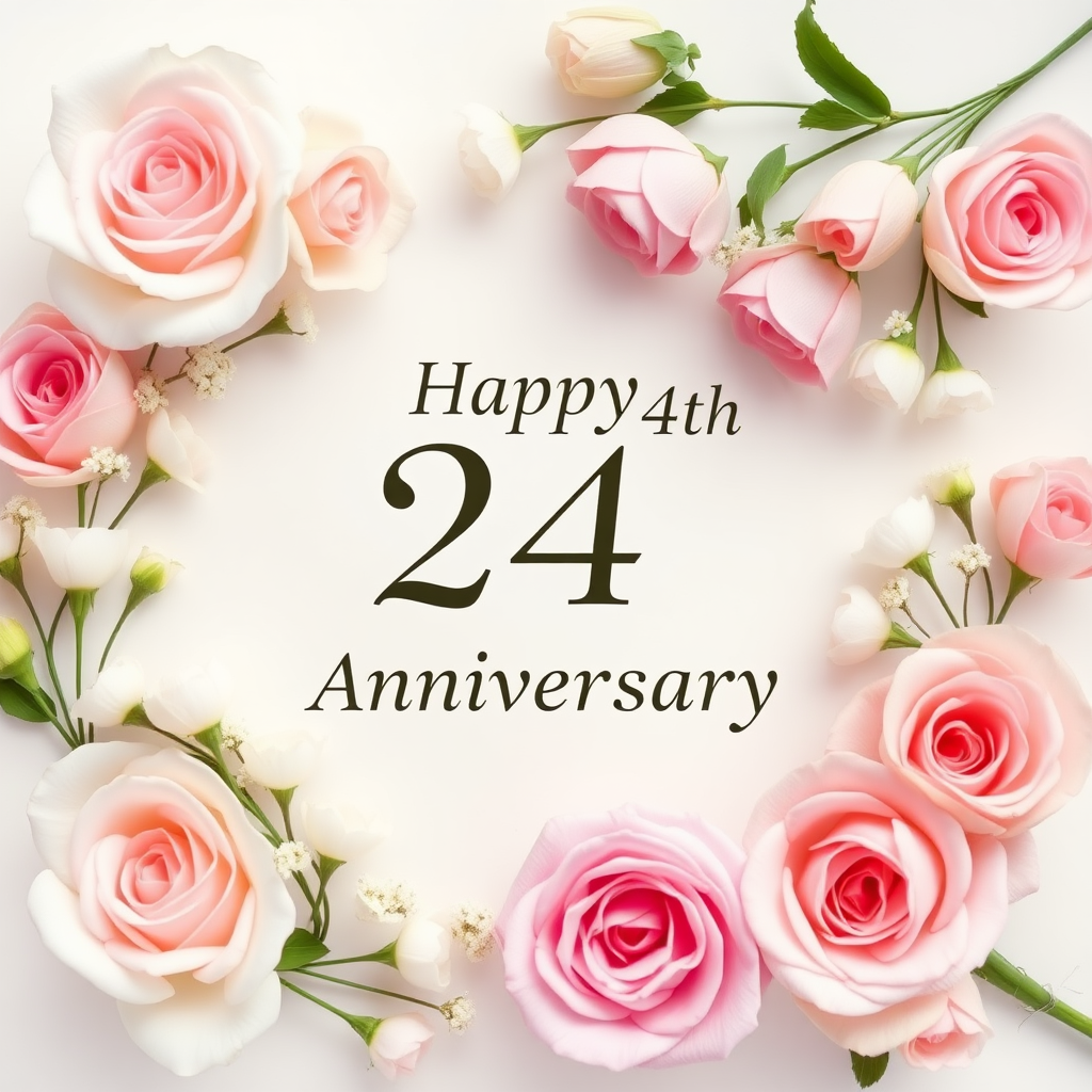 Create a soft, elegant image for a 24th wedding anniversary, blending celebration and love. Include delicate flowers, such as roses or lilies, arranged around a message that reads: "Happy 24th Wedding Anniversary". Incorporate soft pastel colors like pinks, creams, and whites. The overall vibe should be warm, romantic, and joyous, capturing the essence of love and commitment over the years.