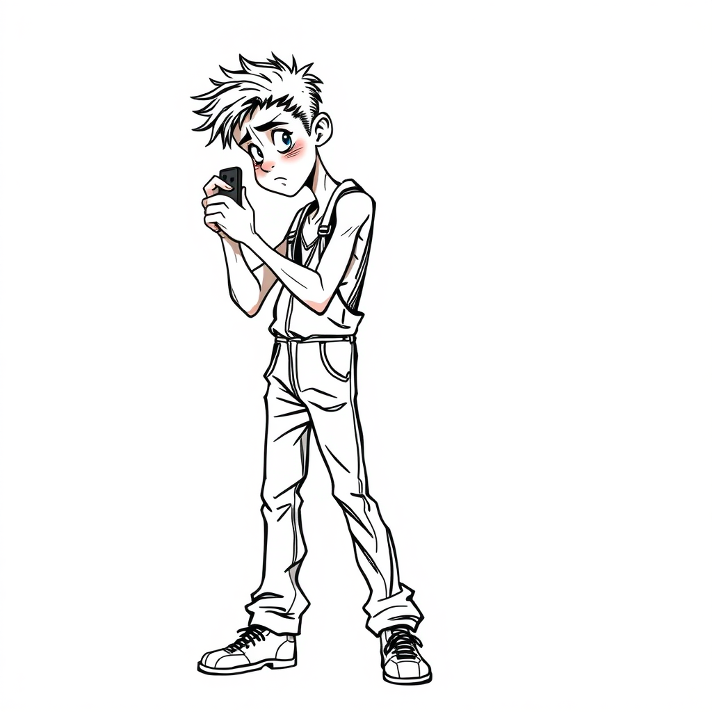 shy nervous small 18 year old european skinny man, coveralls, tense fabric, taking a picture, fascinated, side view, detailed feet, 2D, caricature, cartoon, Sketch lines, coloring book, coloring book