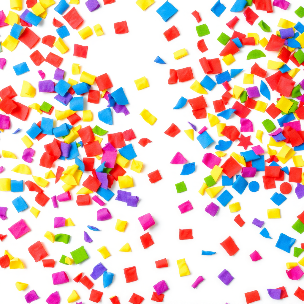 A high-resolution, colorful image of confetti pieces evenly scattered across a plain white background. The confetti should include a variety of shapes and sizes, with vibrant colors such as red, blue, yellow, green, and purple. The image should have a clean, professional look suitable for use as a stock photo or graphic element.