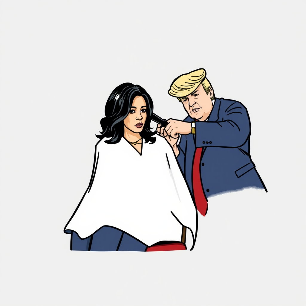 Kamala Harris sitting in a barbershop while Donald Trump cuts her long hair. Plain gray background.