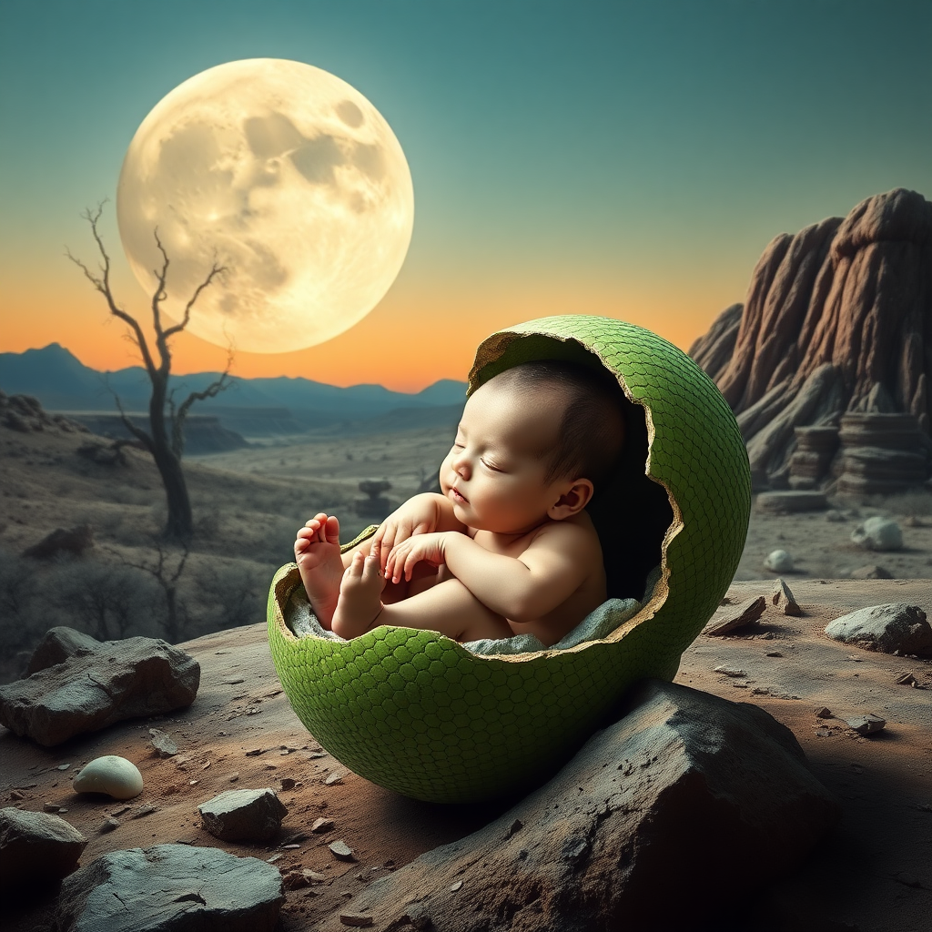 Create a photorealistic mixed picture in Salvador Dali style. With a fresh newborn human baby hatching from what looks like a green reptile egg. Scene: Moon landscape.