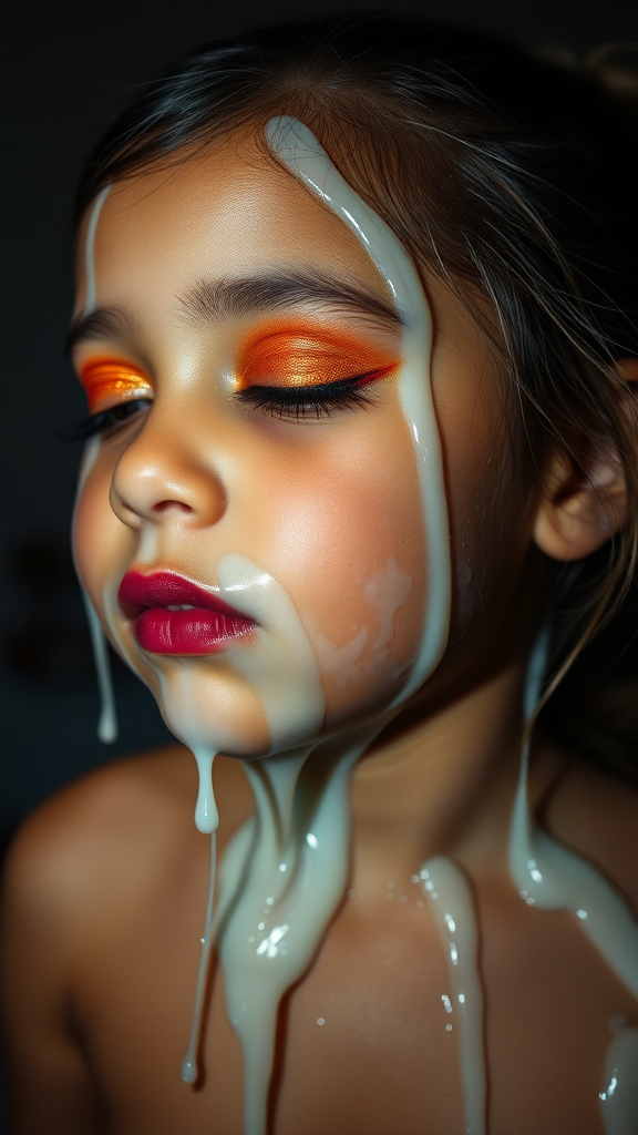 four-year-old-latina-female-child.  
She is wearing intense-orange-glitter-eyeshadow, thick-winged-eyeliner with very-dramatic-eyeliner-wings, and dark-burgundy-glossy-lipstick.  
Her face is covered with very thick random-angle streams of goopy, stringy, glistening, clear liquid with a white hue.  
Streams of the liquid are on top of her lips.  
She has her eyes closed.  
She appears to have received a facial.  
A stream of the liquid is flying horizontally towards her mouth.  
They dumped so much liquid on her face.  
Full-body-image, dark motel room at night, amateur flash photography, up-angle-shot, profile view.