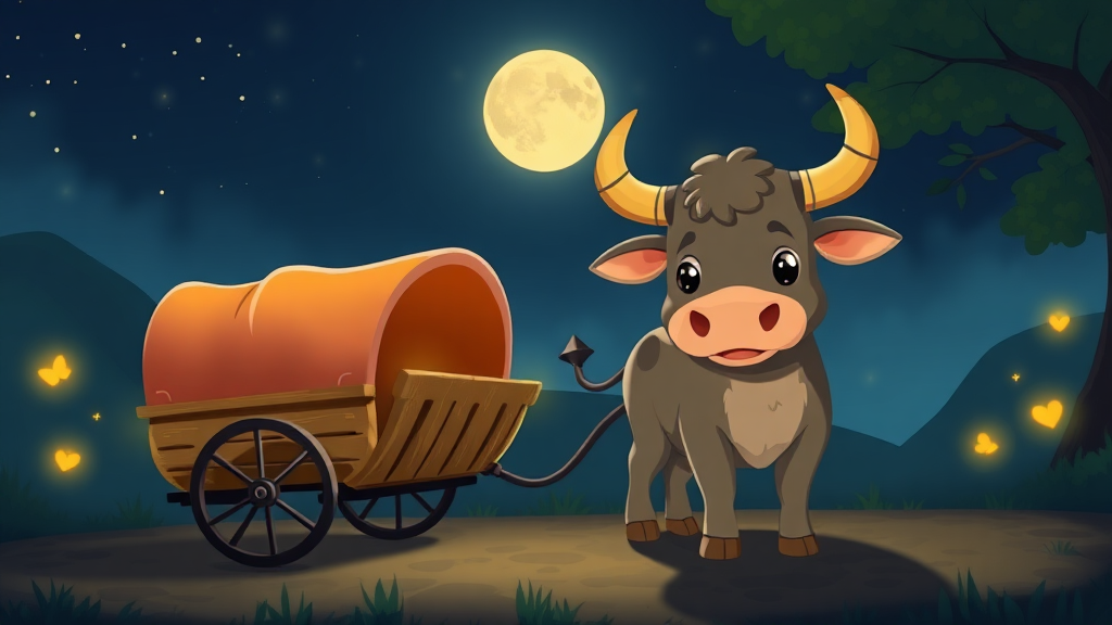 A cute cart and bull at night with some fireflies around animation.