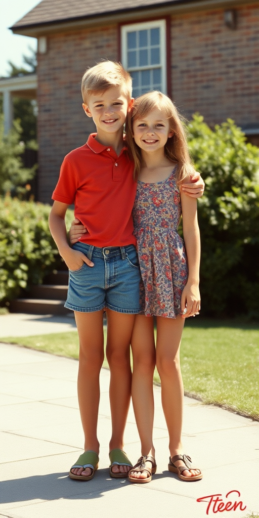 A realistic photo of a 14yo teen boy and girl. British. Long legs. Hot summer. Full length view. Vintage photo, 1980s.