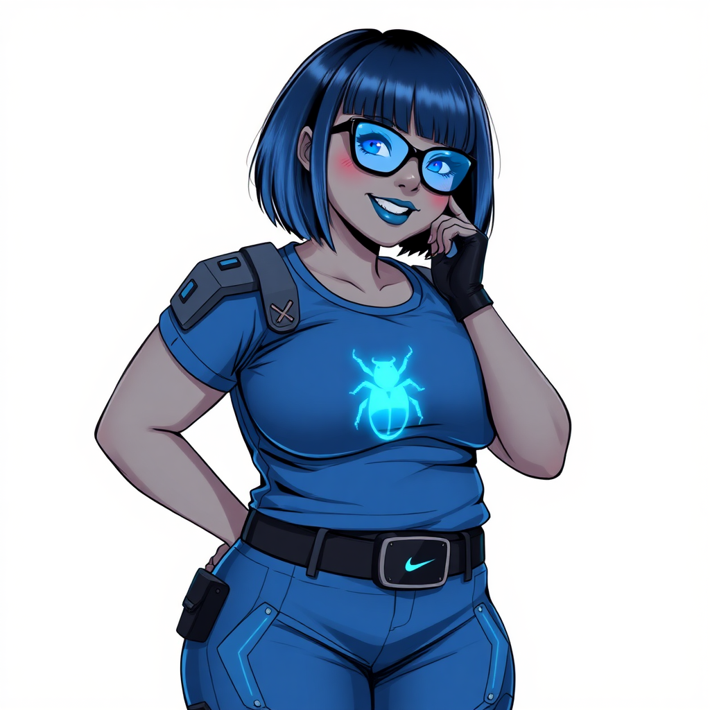 A 28-year-old, full-figured, middle gray (N5) skinned computer program hybrid with a maximum blue bob cut. She has a full-figured, non-athletic build, highlighted by a prominent, round, large midsection (with full emphasis on her large belly), which shows the effects of her new love of junk food acquired from her boyfriend. As the full-figured, nerdy, digital sidekick to her cyberpunk vigilante boyfriend, her metallic middle gray (N5) skin and maximum blue lipstick emphasize her digital nature. She wears a digital, computerized costume, consisting of a huge, tight-fitting, maximum blue t-shirt with a neon blue glowing chest icon of a beetle, hi-tech shoulder pads with neon blue accents, a black hi-tech belt with a maximum blue beetle digital buckle, digital maximum blue biker pants with neon blue accents, and black hi-tech biker gloves with neon blue glowing accents. Her neon blue glowing eyes, black eyeglasses with neon blue lenses equipped with a built-in HUD, and bashful smile with neon red blush accentuate her nerdiness. She stands bashfully with one hand behind her back and the other hand gently touching her cheek, her costume covering all her skin (including her large midsection) and heavily emphasizing her full-figured physique (especially her large belly). She is clearly non-athletic, with a full focus on her full-figured physique. Despite her full-figured build, she radiates beauty. She has a slim face compared to her physique, accentuating her radiant beauty. She is on a solid white background. She is drawn as if she were in a retro 2D cyberpunk fighting game. Ensure she has a metallic middle gray (N5) skin coloration.