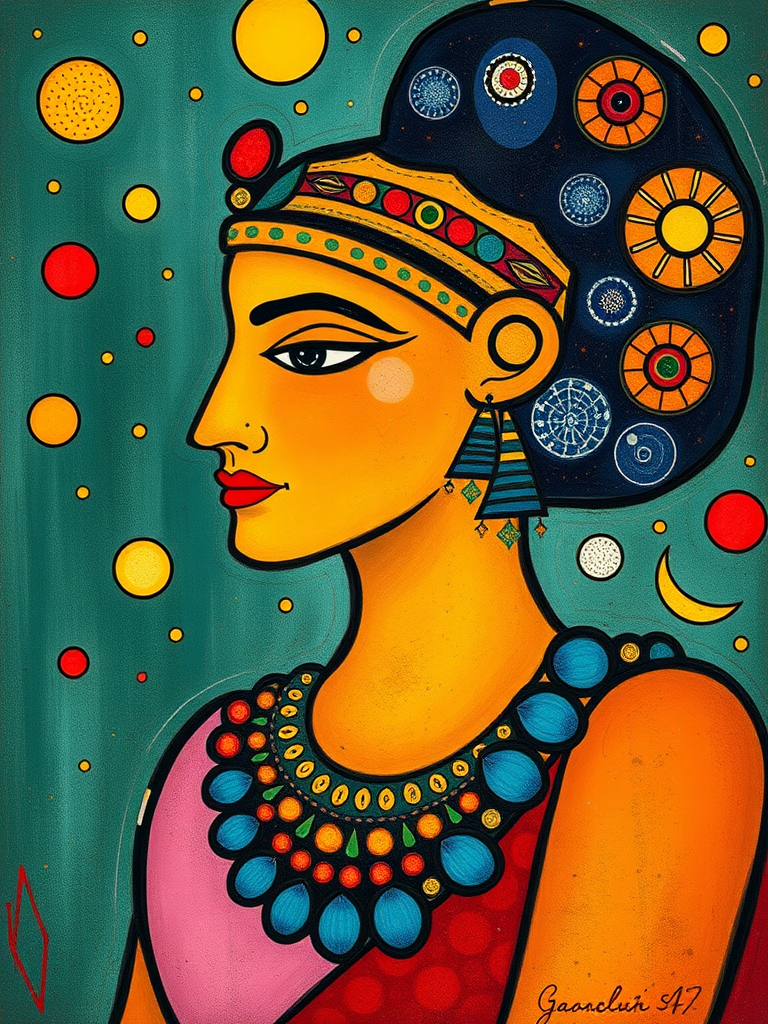 Create the following picture Prompt: An image in the style of Marc Chagall and Egyptian style. Picture in old used colors.