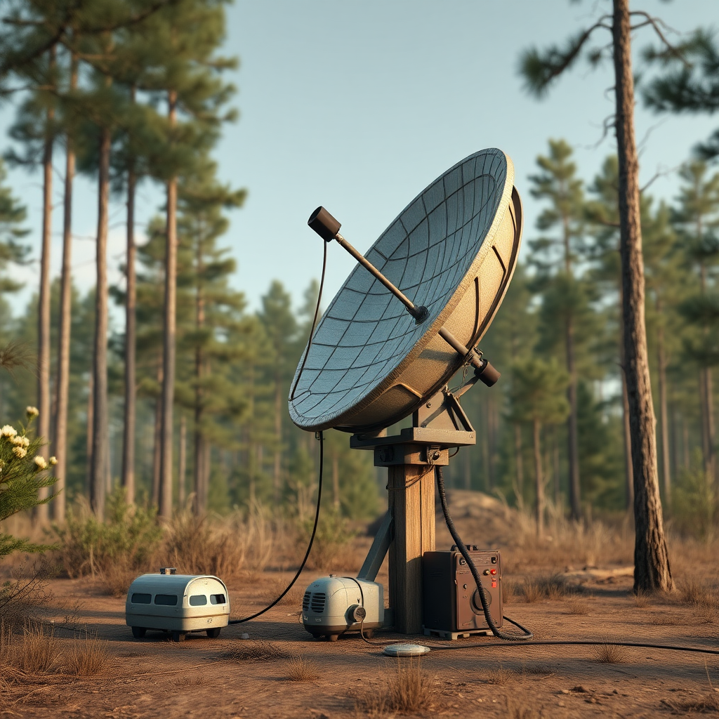 a full shot image of a high tech experimental rustic vintage satellite dish on a stand connected to some devices and equipment, 3d render in forest, concept art