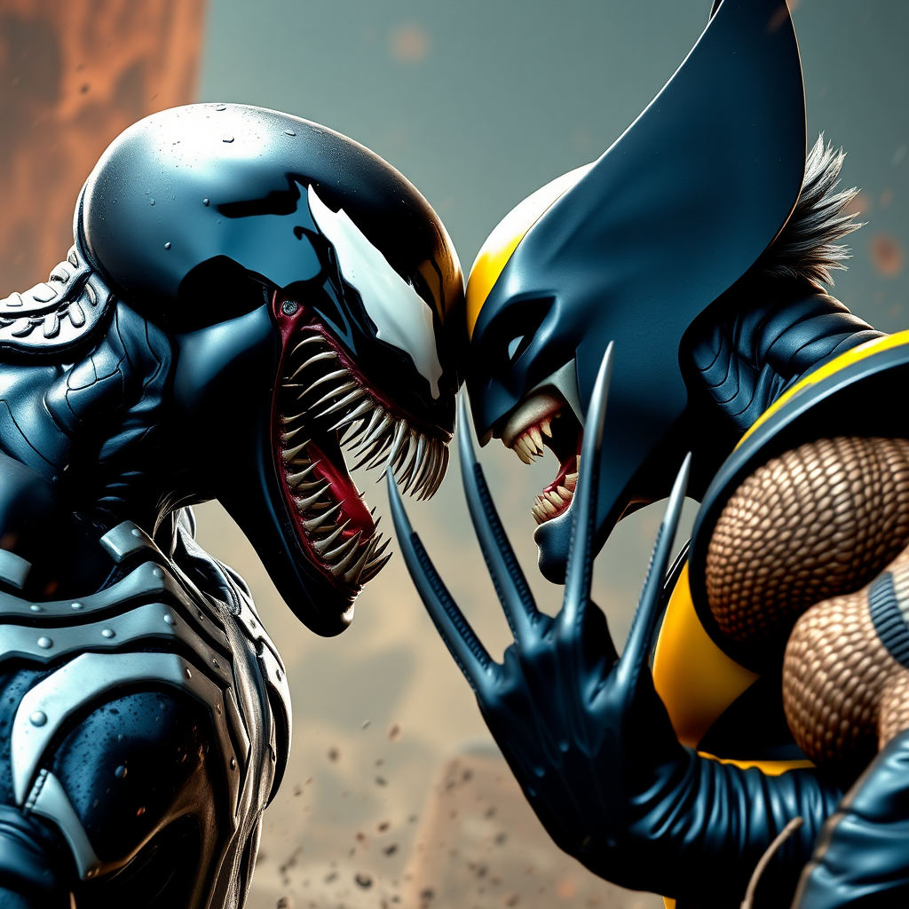 comic book cover is Venom Vs Wolverine head-to-head in battle. Cinematic Real3d photo-realistic quality.